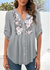Light Grey tops,Floral tops,Plants tops,ROTITA Patchwork Floral Print Light Grey Split Neck Blouse