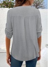 Light Grey tops,Floral tops,Plants tops,ROTITA Patchwork Floral Print Light Grey Split Neck Blouse