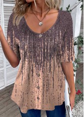 Dusty Pink tops,Tribal tops,Geometric tops,Striped tops,ROTITA Button Tribal Print Dusty Pink T Shirt