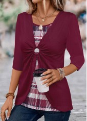 Rotita-T-Shirt mit rundem Ring und kariertem Weinrot