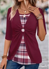 Wine Red tops,Plaid tops,ROTITA Circular Ring Plaid Wine Red T Shirt