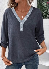Dark Grey tops,Contrast Color tops,ROTITA Dark Grey T Shirt
