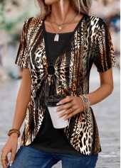 Rotita Fake 2in1 Leoparden-T-Shirt in dunklem Kaffee