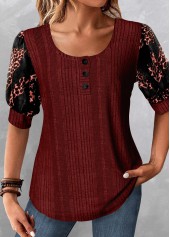 Weinrote Rotita-Patchwork-Bluse mit Leopardenmuster und U-Ausschnitt
