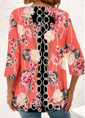 Peach Red tops,Black tops,Floral tops,Plants tops,Geometric tops,ROTITA Fake 2in1 Floral Print Peach Red Blouse