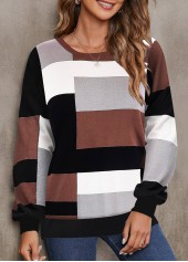 Rotita-Sweatshirt mit Rundhalsausschnitt und geometrischem Patchwork-Print in dunkler Kaffeefarbe