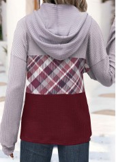 Wine Red tops,Dusty Purple tops,Plaid tops,ROTITA Button Plaid Wine Red Long Sleeve Hoodie
