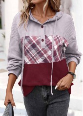 Wine Red tops,Dusty Purple tops,Plaid tops,ROTITA Button Plaid Wine Red Long Sleeve Hoodie