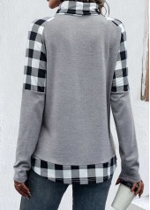 Light Grey tops,Plaid tops,Striped tops,Geometric tops,ROTITA Patchwork Plaid Light Grey Cowl Neck Sweatshirt