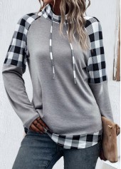 Light Grey tops,Plaid tops,Striped tops,Geometric tops,ROTITA Patchwork Plaid Light Grey Cowl Neck Sweatshirt