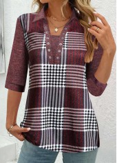 Deep Red tops,Plaid tops,Striped tops,Geometric tops,Houndstooth tops,ROTITA Eyelet Plaid Deep Red Shirt Collar Blouse