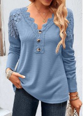 Dusty Blue tops,Plain Color tops,ROTITA Lace Patchwork Dusty Blue V Neck T Shirt