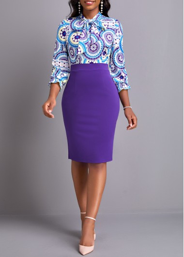 Purple dresses,Tribal dresses,Geometric dresses,Dot dresses,Party dresses,Elegant dresses,ROTITA Bowknot Tribal Print Purple Tie Collar Bodycon Dress