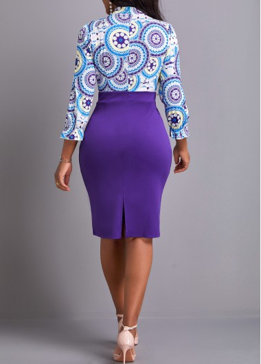 Purple dresses,Tribal dresses,Geometric dresses,Dot dresses,Party dresses,Elegant dresses,ROTITA Bowknot Tribal Print Purple Tie Collar Bodycon Dress