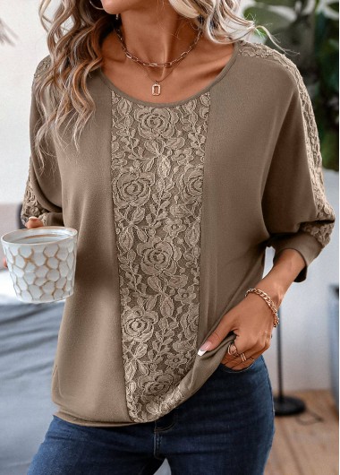 Light Coffee tops,Plain Color tops,ROTITA Light Coffee Patchwork Round Neck T Shirt