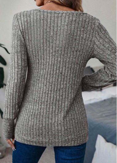 Grey tops,Plain Color tops,Grey V Neck Long Sleeve T Shirt