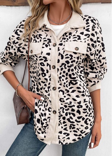 Beige tops,Black tops,Leopard tops,Animal Print tops,Patchwork Leopard Beige Shirt Collar Long Sleeve Coat