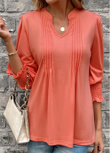 Coral tops,Plain Color tops,Smocked Coral Split Neck Long Sleeve T Shirt