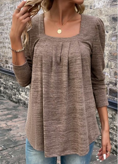 Light Coffee tops,Plain Color tops,Pleated Square Neck Long Sleeve Light Coffee T Shirt