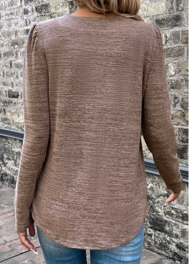Light Coffee tops,Plain Color tops,Pleated Square Neck Long Sleeve Light Coffee T Shirt