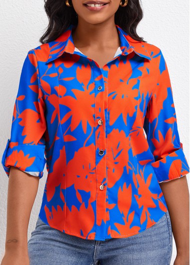 Sky Blue tops,Red tops,Plants tops,Button Leaf Print Sky Blue Shirt Collar Blouse