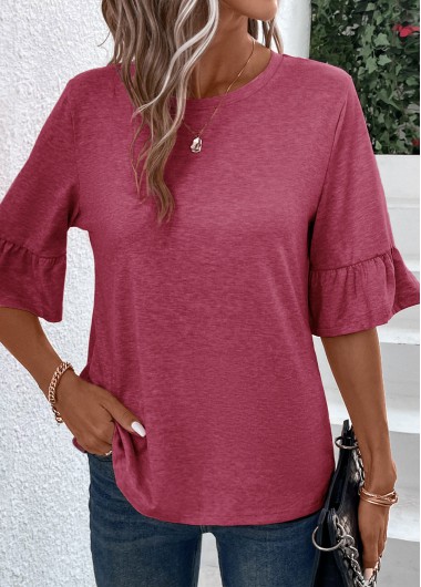 Coral tops,Plain Color tops,ROTITA Button Coral Round Neck Half Sleeve T Shirt