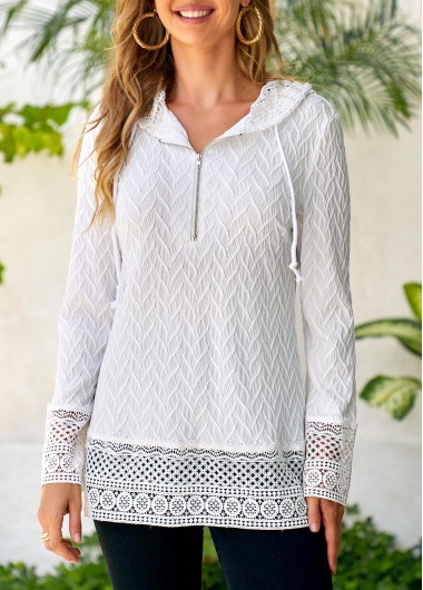 White tops,Plain Color tops,ROTITA Lace Drawstring White Long Sleeve Hoodie