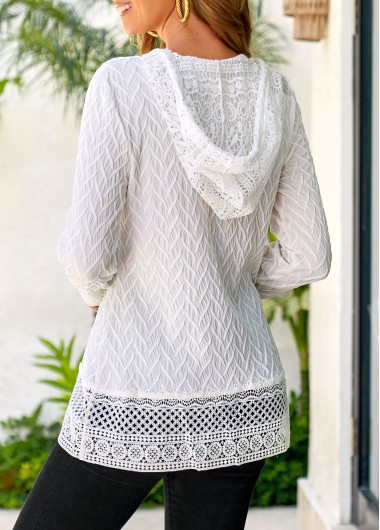 White tops,Plain Color tops,ROTITA Lace Drawstring White Long Sleeve Hoodie