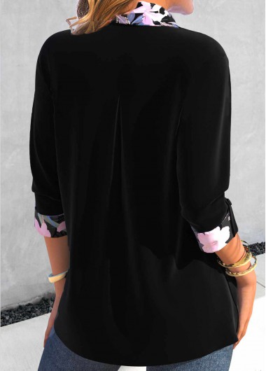 Black tops,Floral tops,Plants tops,ROTITA Fake 2in1 Floral Print Black Shirt Collar Blouse