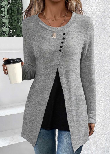 Grey tops,Black tops,Contrast Color tops,ROTITA Asymmetry Grey Round Neck Long Sleeve T Shirt