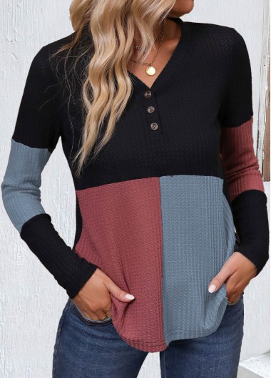 Black tops,Contrast Color tops,ROTITA Patchwork Black V Neck Long Sleeve T Shirt