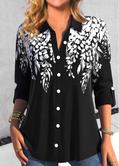 Black tops,White tops,Plants tops,ROTITA Button Leaf Print Black Shirt Collar Blouse