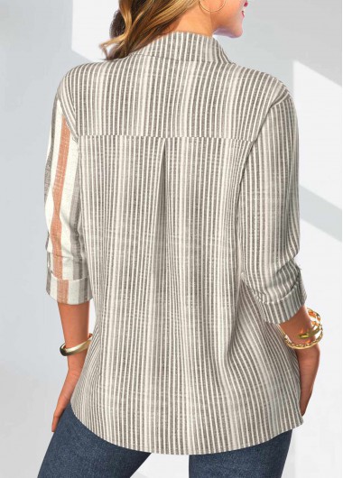Grey tops,Striped tops,Geometric tops,ROTITA Button Striped Grey Shirt Collar Long Sleeve Blouse