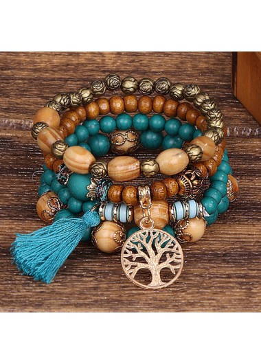 Round Tassel Detail Peacock Blue Bracelet Set