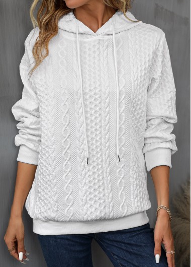 White tops,Plain Color tops,ROTITA Drawstring Detail White Long Sleeve Hoodie