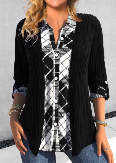 Black tops,Plaid tops,Geometric tops,Striped tops,ROTITA Fake 2in1 Plaid Black Shirt Collar Blouse