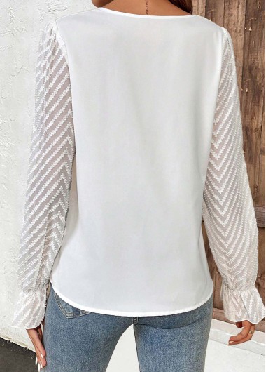 White tops,Plain Color tops,ROTITA Ruched White Asymmetrical Neck Long Sleeve T Shirt