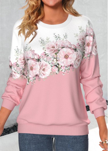 Pink tops,White tops,Floral tops,Plants tops,ROTITA Valentine's Day Patchwork Floral Print Pink Round Neck Sweatshirt