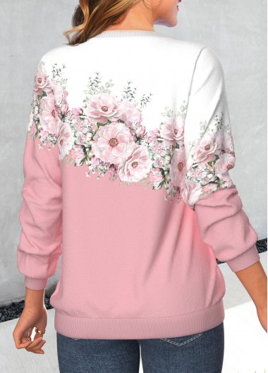 Pink tops,White tops,Floral tops,Plants tops,ROTITA Valentine's Day Patchwork Floral Print Pink Round Neck Sweatshirt