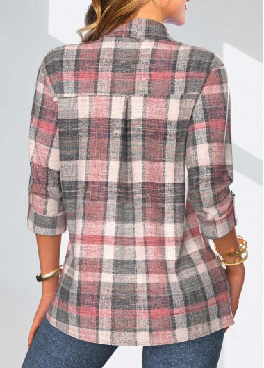 Coral tops,Plaid tops,Striped tops,Geometric tops,ROTITA Button Plaid Coral Shirt Collar 3/4 Sleeve Blouse