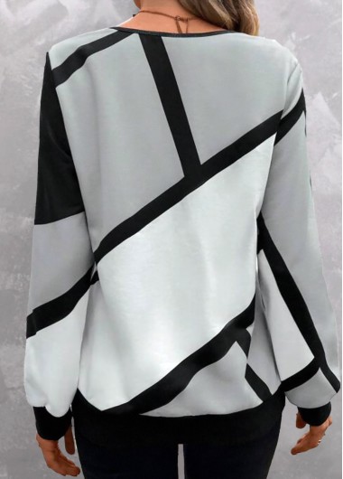 Light Grey tops,Geometric tops,Striped tops,ROTITA Zipper Geometric Print Light Grey V Neck Sweatshirt