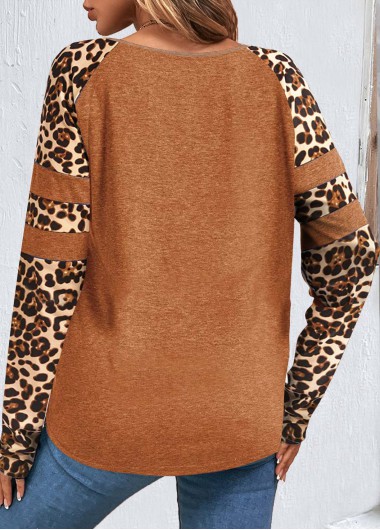 Dark Camel tops,Leopard tops,Striped tops,ROTITA Patchwork Leopard Dark Camel Round Neck T Shirt