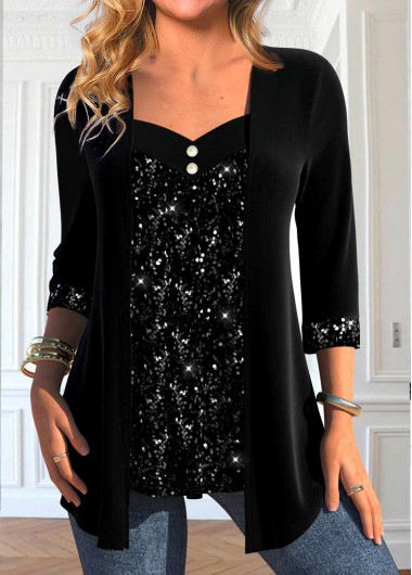 ROTITA Velvet 3/4 Sleeve Sequin Black Heart Collar T Shirt | Rotita.com ...