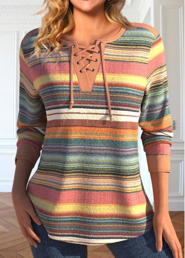 Multi Color tops,Rainbow Color tops,Striped tops,Geometric tops,ROTITA Lace Up Multi Stripe Print T Shirt