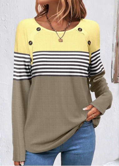 Sage Green tops,Light Yellow tops,Striped tops,ROTITA Patchwork Striped Sage Green Scoop Neck Sweatshirt
