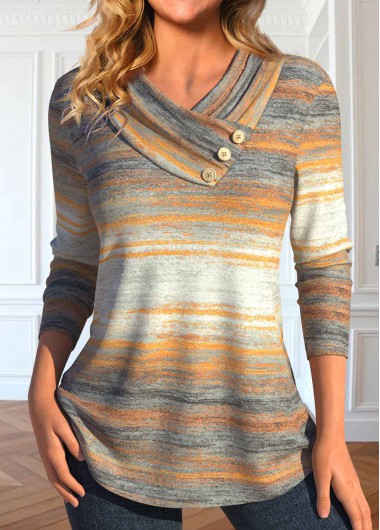 Multi Color tops,Striped tops,Geometric tops,ROTITA Button Striped Multi Color V Neck T Shirt