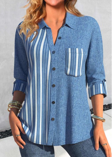 Denim Blue tops,Denim-Effect Print tops,Striped tops,ROTITA Patchwork Denim-effect Print Denim Blue Shirt Collar Blouse