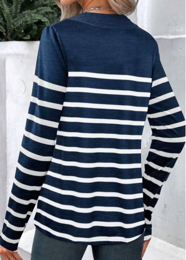Navy tops,White tops,Striped tops,Geometric tops,ROTITA Button Striped Navy Asymmetrical Neck T Shirt