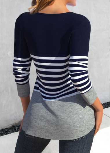 Navy tops,Grey tops,Striped tops,Geometric tops,ROTITA Patchwork Striped Navy Round Neck T Shirt