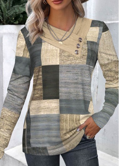 Multi Color tops,Geometric tops,Plaid tops,ROTITA Button Geometric Print Multi Color T Shirt
